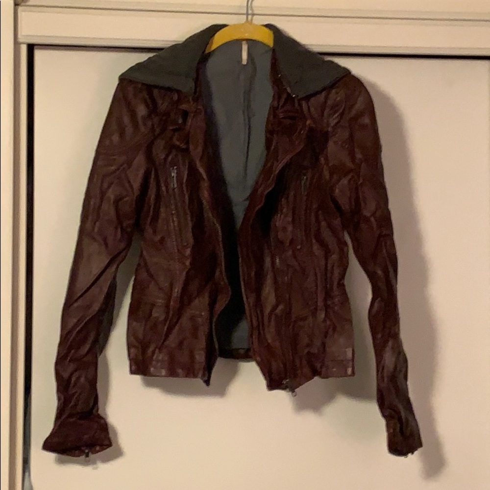 Maroon leather hoodie Free People jacket